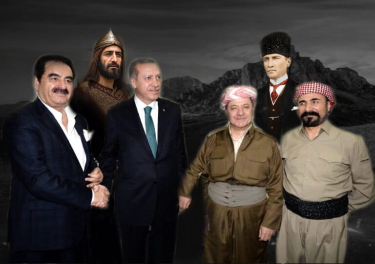 President of the Turkish occupation Erdogan and the former president of the Kurdish occupation Massoud Barzani and on his right a Kurdish singer. On the left of Erdogan, an Arab Kurdish singer Ibrahim Tatlises
