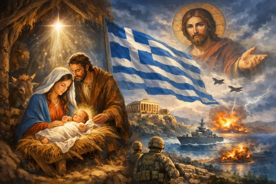 Καλλιτεχνική απεικόνιση της Γέννησης του Χριστού με ελληνικά εθνικά σύμβολα, όπως η ελληνική σημαία και η Ακρόπολη, που συμβολίζουν την πίστη, την ελπίδα και την πνευματική ενότητα της Ελλάδας.