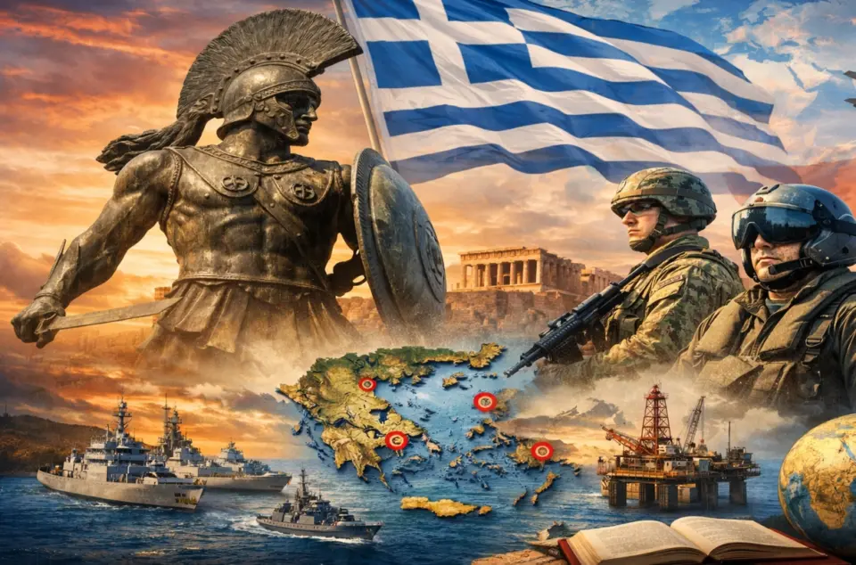 Συμβολική απεικόνιση της ανάγκης για Εθνική Στρατηγική της Ελλάδας με αναφορές στην εθνική άμυνα, την εδαφική ακεραιότητα, τις Ένοπλες Δυνάμεις, τη γεωπολιτική ισχύ και το μέλλον του Ελληνισμού.