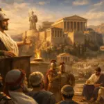 Ψηφιακή απεικόνιση του Περικλή να εκφωνεί λόγο στην Ακρόπολη των Αθηνών κατά την κλασική εποχή, με φόντο τον Παρθενώνα και Αθηναίους πολίτες και οπλίτες.