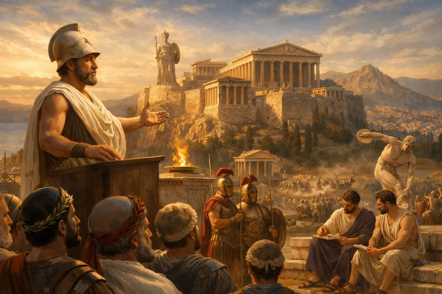 Ψηφιακή απεικόνιση του Περικλή να εκφωνεί λόγο στην Ακρόπολη των Αθηνών κατά την κλασική εποχή, με φόντο τον Παρθενώνα και Αθηναίους πολίτες και οπλίτες.