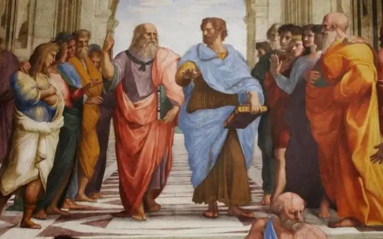 Η τοιχογραφία «Η Σχολή των Αθηνών» του Ραφαήλ (1510), με τον Πλάτωνα και τον Αριστοτέλη στο κέντρο, στην Αίθουσα των Υπογραφών του Βατικανού.