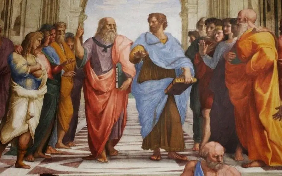 Η τοιχογραφία «Η Σχολή των Αθηνών» του Ραφαήλ (1510), με τον Πλάτωνα και τον Αριστοτέλη στο κέντρο, στην Αίθουσα των Υπογραφών του Βατικανού.