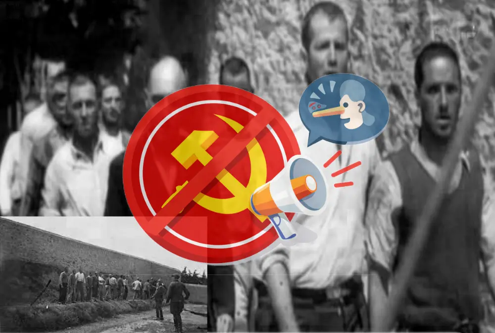 Ιστορικές φωτογραφίες των 200 της Καισαριανής να οδηγούνται προς εκτέλεση το 1944, με γραφικό σύμβολο απαγόρευσης πάνω από το σφυροδρέπανο και εικονίδιο που συμβολίζει την προπαγάνδα και το ψέμα.