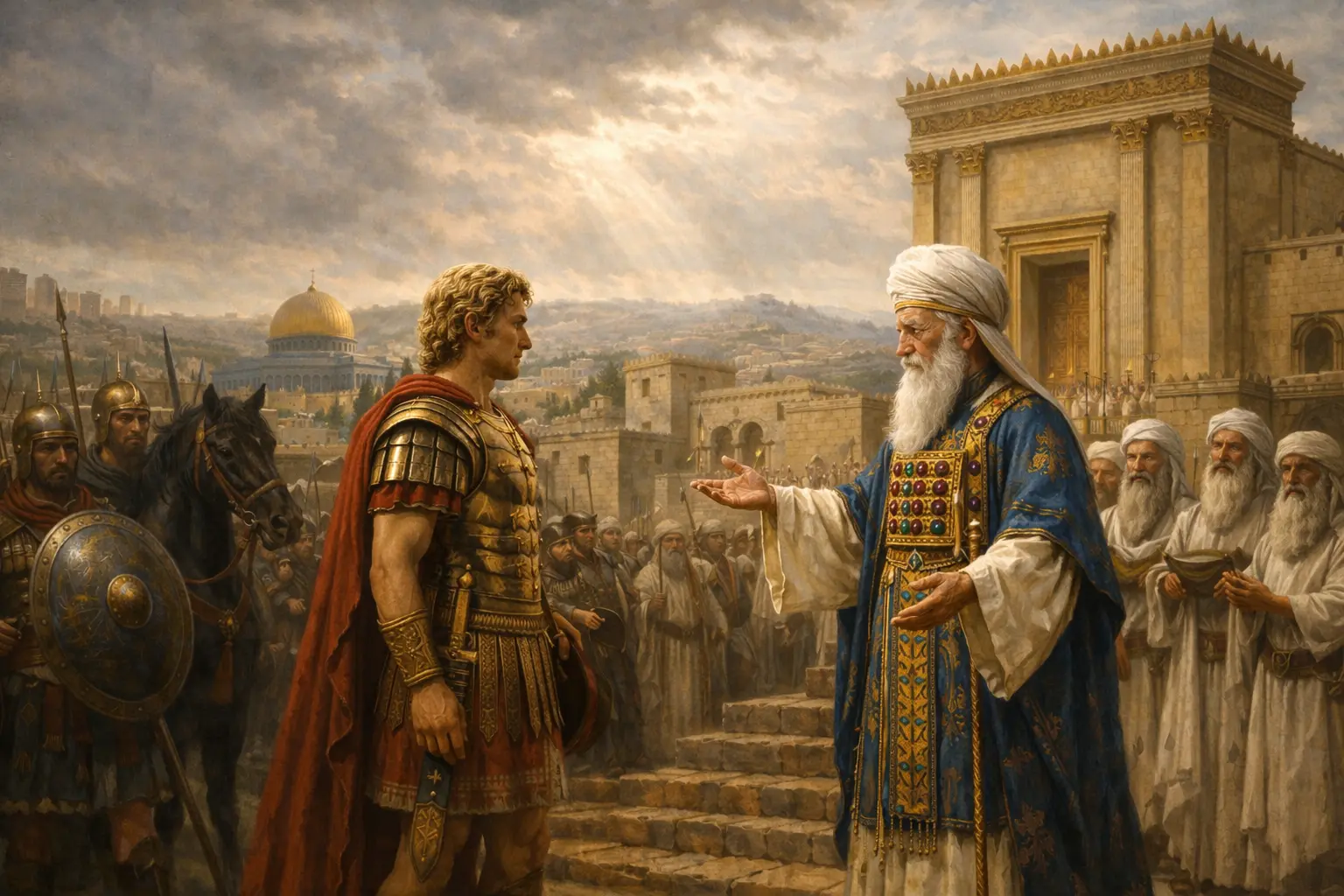 Ο Μέγας Αλέξανδρος συναντά τον Αρχιερέα στα Ιεροσόλυμα μπροστά στον Ναό, με Μακεδόνες στρατιώτες και πλήθος στην αρχαία πόλη