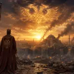 Emperor Constantine XI Palaiologos stands overlooking Constantinople during its final hours on May 29, 1453, as Hagia Sophia glows beneath a dramatic sunset and a symbolic Byzantine double-headed eagle appears in the clouds above the besieged city.