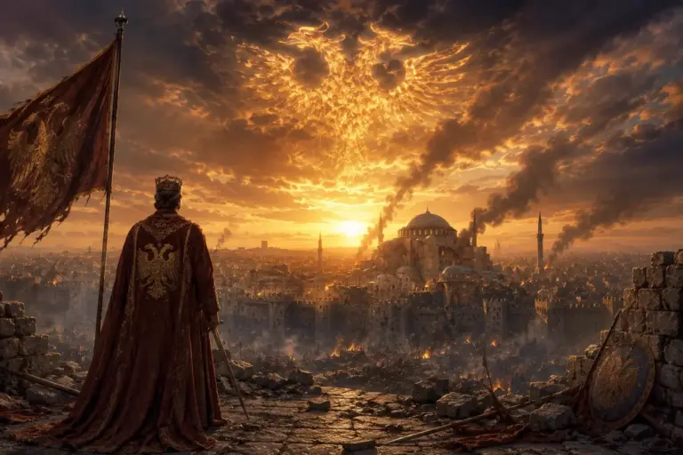 Emperor Constantine XI Palaiologos stands overlooking Constantinople during its final hours on May 29, 1453, as Hagia Sophia glows beneath a dramatic sunset and a symbolic Byzantine double-headed eagle appears in the clouds above the besieged city.
