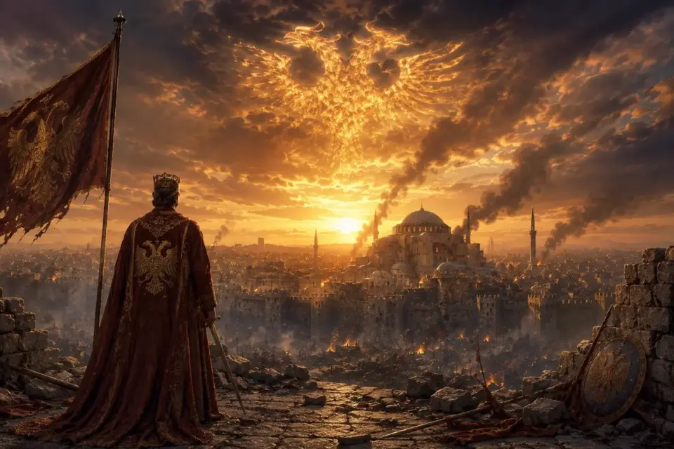 Emperor Constantine XI Palaiologos stands overlooking Constantinople during its final hours on May 29, 1453, as Hagia Sophia glows beneath a dramatic sunset and a symbolic Byzantine double-headed eagle appears in the clouds above the besieged city.