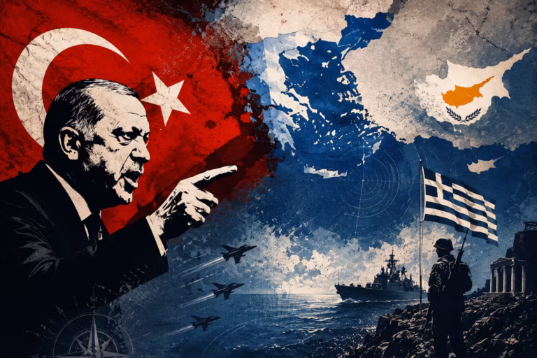 Στυλιζαρισμένη γεωπολιτική απεικόνιση της έντασης Ελλάδας και Τουρκίας με στρατιωτικά στοιχεία, ελληνική σημαία, πολεμικό πλοίο και χάρτη της Ανατολικής Μεσογείου.
