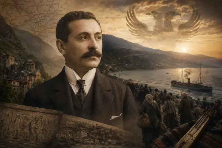 Κινηματογραφικό μοντάζ σε αποχρώσεις σέπια, με επίσημο πορτρέτο του Λεωνίδα Ιασονίδη να επικαλύπτεται πάνω σε παραθαλάσσιο ποντιακό τοπίο, πρόσφυγες που βαδίζουν προς τη θάλασσα, ιστορική αρχιτεκτονική, χάρτες και συμβολικές εικόνες που αποπνέουν την ποντιακή ελληνική κληρονομιά, την εξορία και τη μνήμη.