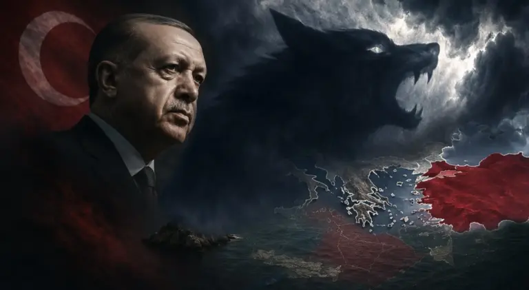 Σκοτεινή γεωπολιτική απεικόνιση του Ρετζέπ Ταγίπ Ερντογάν με φόντο το Αιγαίο, χάρτη θαλάσσιων διεκδικήσεων και καταιγίδα, συμβολίζοντας την ένταση Ελλάδας–Τουρκίας και τη στρατηγική της «Γαλάζιας Πατρίδας».