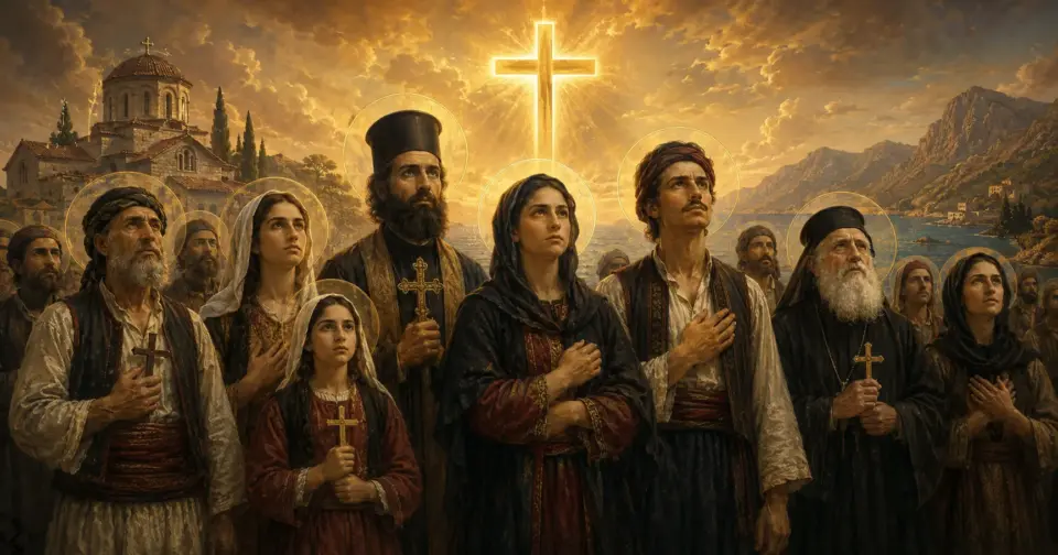Ορθόδοξοι Χριστιανοί Νεομάρτυρες στέκονται με προσευχητική ευλάβεια κάτω από έναν φωτεινό σταυρό, με έναν ναό και ελληνικό τοπίο στο βάθος.