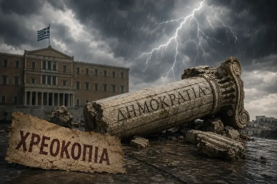 Σπασμένη αρχαία κολόνα μπροστά από τη Βουλή των Ελλήνων κατά τη διάρκεια καταιγίδας, συμβολίζοντας την κρίση της δημοκρατίας.