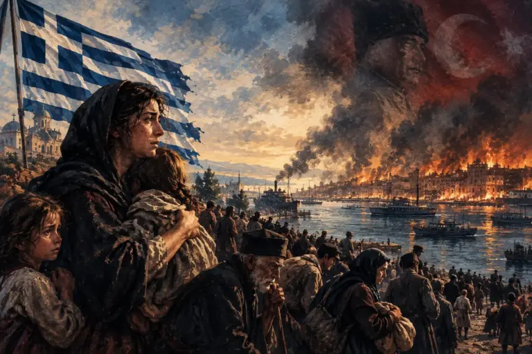 Μικρασιάτες πρόσφυγες εγκαταλείπουν την κατεστραμμένη Σμύρνη το 1922, με την ελληνική σημαία και φλεγόμενη πόλη στο βάθος.