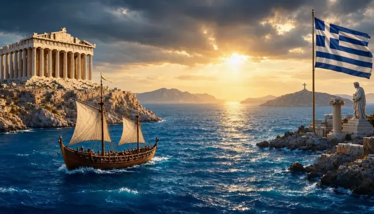 Η Ακρόπολη και ο Παρθενώνας στο φως της ανατολής, με την ελληνική σημαία και αρχαία ελληνική τριήρη να συμβολίζουν την αναγέννηση της Ελλάδας, τον ελληνικό πολιτισμό και τις διαχρονικές αξίες