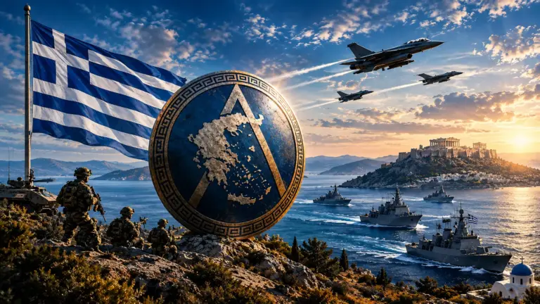Συμβολική σκηνή ελληνικής εθνικής άμυνας με τη μεγαλοπρεπή Ασπίδα του Αχιλλέα να προστατεύει την Ελλάδα, με στρατιώτες στη στεριά, πολεμικά πλοία στη θάλασσα, μαχητικά αεροσκάφη στον ουρανό, την ελληνική σημαία και την Ακρόπολη στο ηλιοβασίλεμα.