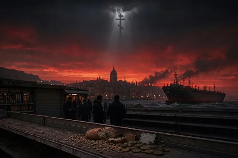 Σκοτεινή, αποκαλυπτική εικόνα παγκόσμιας οικονομικής κατάρρευσης και επισιτιστικής κρίσης, με άδεια ράφια, ψωμί, νομίσματα, φλεγόμενον ουρανό και ορθόδοξο σταυρό στο βάθος.